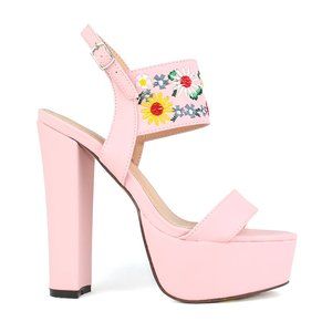 Pink Women's Ankle Strap Sling Back Floral Embroidered Open Toe Chunky Heel